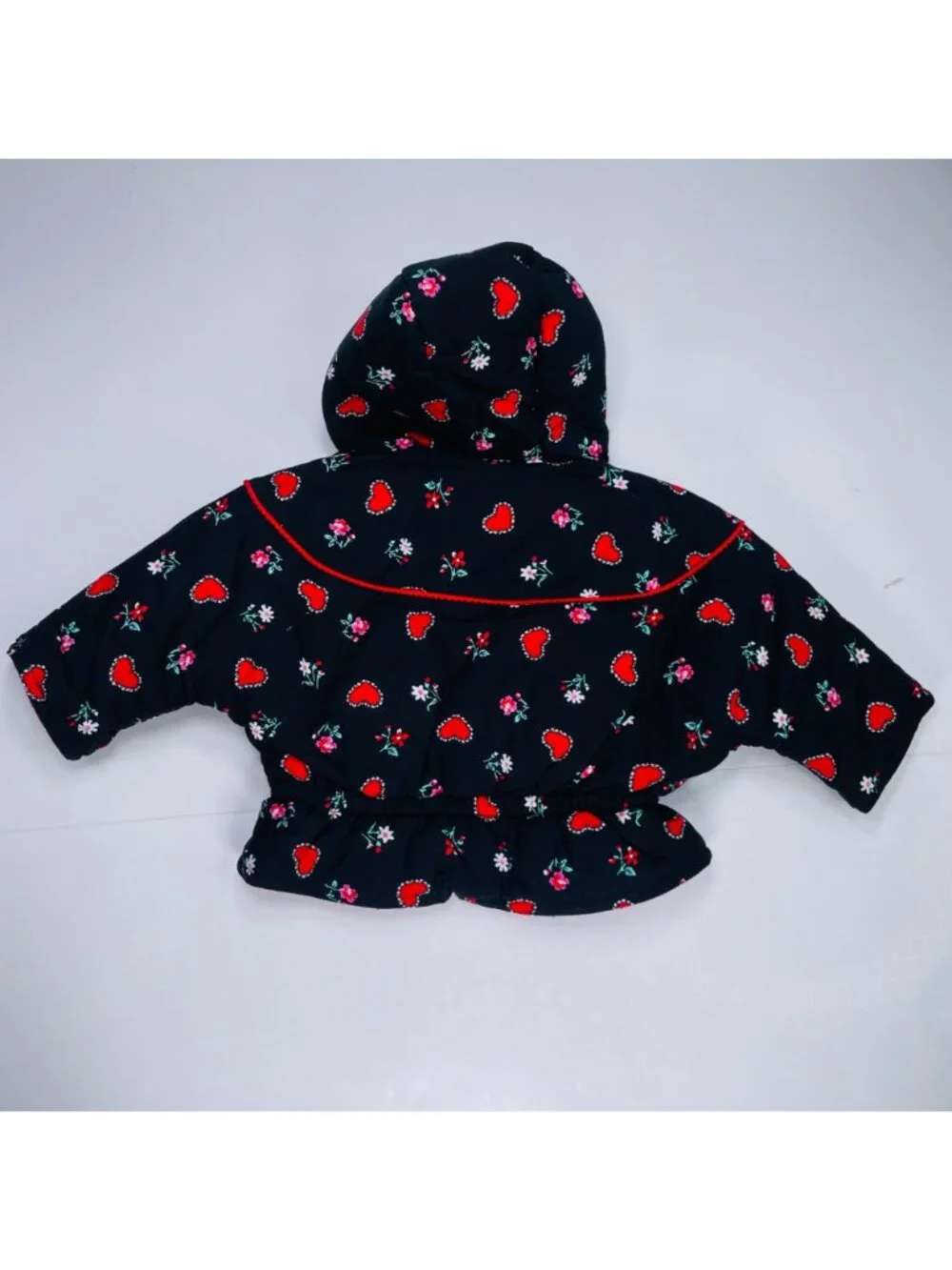 Vintage Baby Girls Black + Red Heart + Floral Print Winter Puffer Coat 12m